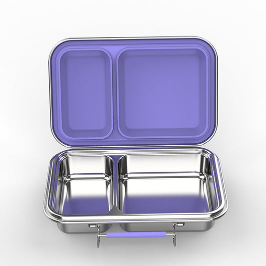 Two-compartment lunchbox with a 304-grade stainless-steel base and food-grade silicone gasket in violet.