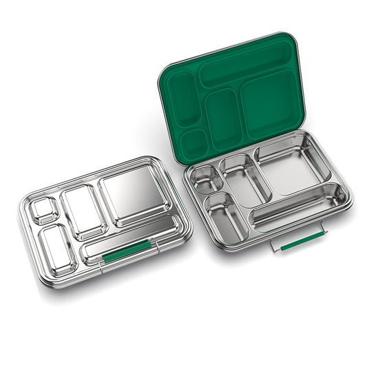 Five-compartment lunchbox with a 304-grade stainless-steel base and food-grade silicone gasket in evergreen.