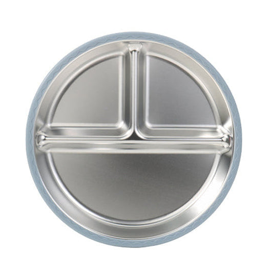 Food-grade stainless steel compartmentalized plate with a soft-touch silicone sleeve in blue.