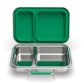 Two-compartment lunchbox with a 304-grade stainless-steel base and food-grade silicone gasket in evergreen.  