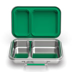 Two-compartment lunchbox with a 304-grade stainless-steel base and food-grade silicone gasket in evergreen.  
