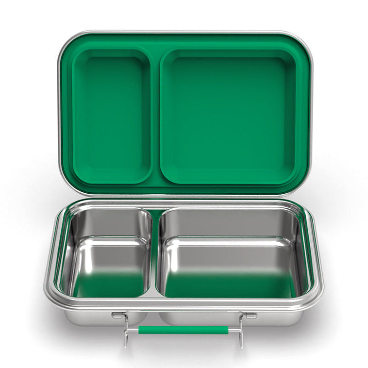Two-compartment lunchbox with a 304-grade stainless-steel base and food-grade silicone gasket in evergreen.  