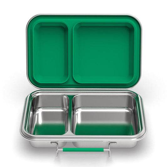 Two-compartment lunchbox with a 304-grade stainless-steel base and food-grade silicone gasket in evergreen.  