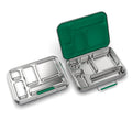 Five-compartment lunchbox with a 304-grade stainless-steel base and food-grade silicone gasket in evergreen.  