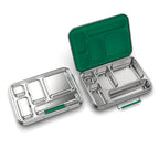Five-compartment lunchbox with a 304-grade stainless-steel base and food-grade silicone gasket in evergreen.  