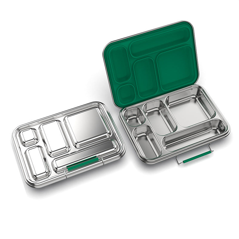 Five-compartment lunchbox with a 304-grade stainless-steel base and food-grade silicone gasket in evergreen.  