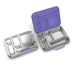 Five-compartment lunchbox with a 304-grade stainless-steel base and food-grade silicone gasket in violet.  