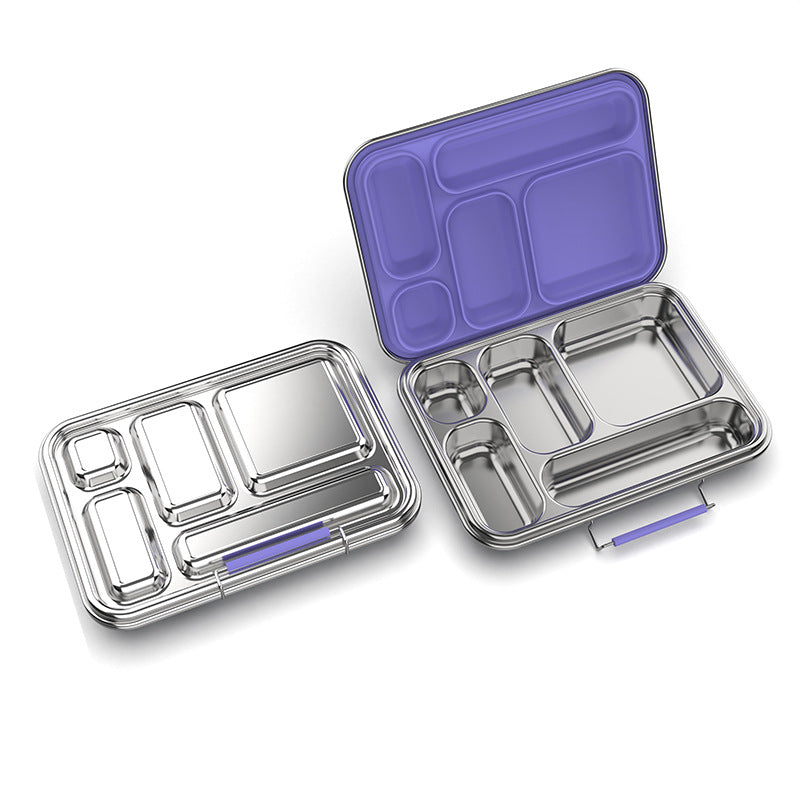 Five-compartment lunchbox with a 304-grade stainless-steel base and food-grade silicone gasket in violet.  