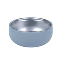 Stainless steel bowl with removable BPA-free silicone sleeve in blue.