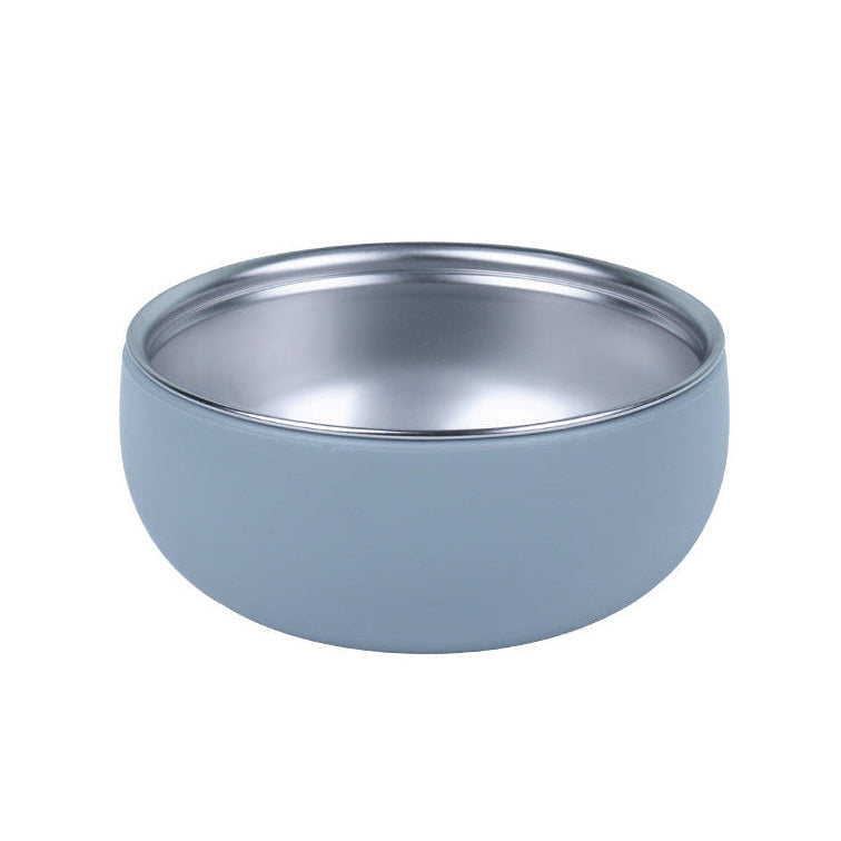 Stainless steel bowl with removable BPA-free silicone sleeve in blue.