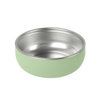 Stainless steel bowl with removable BPA-free silicone sleeve in green.