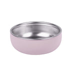 Stainless steel bowl with removable BPA-free silicone sleeve in pink.