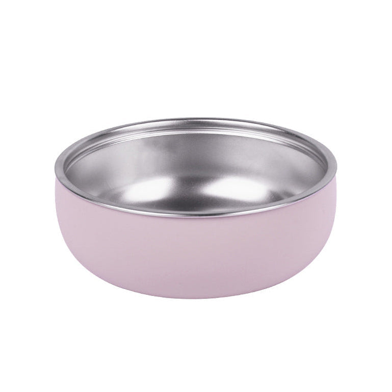 Stainless steel bowl with removable BPA-free silicone sleeve in pink.