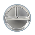 Food-grade stainless steel compartmentalized plate with a soft-touch silicone sleeve in blue.