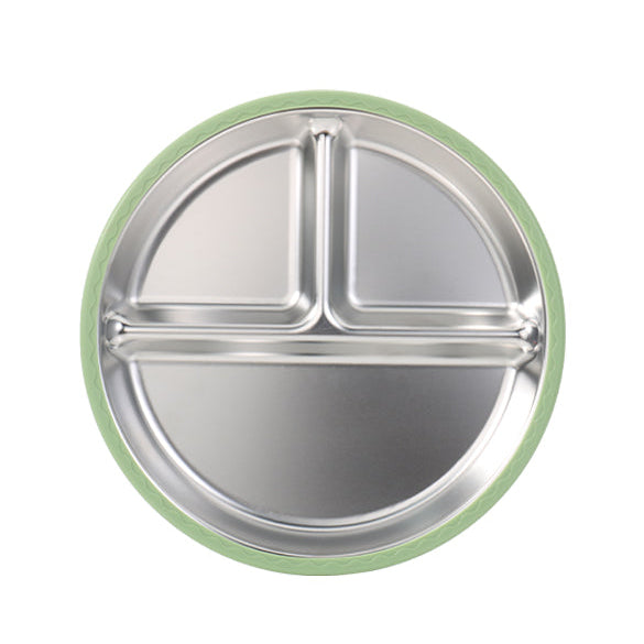 Food-grade stainless steel compartmentalized plate with a soft-touch silicone sleeve in green.