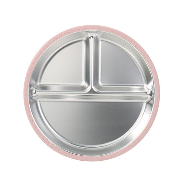 Food-grade stainless steel compartmentalized plate with a soft-touch silicone sleeve in pink.