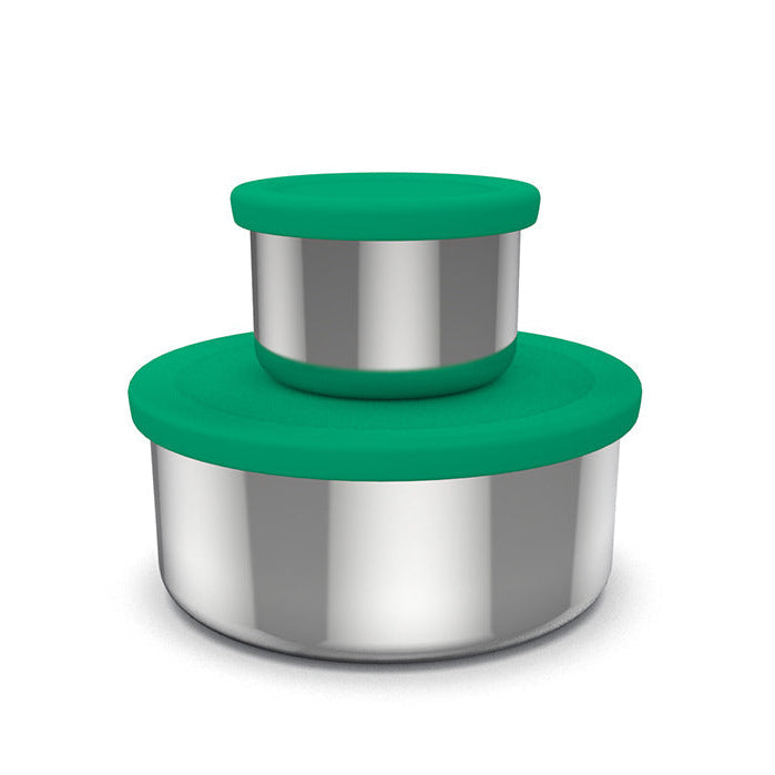 Set of two food-grade stainless steel nesting containers with BPA-free silicone lids in evergreen.