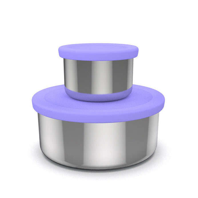 Set of two food-grade stainless steel nesting containers with BPA-free silicone lids in violet.