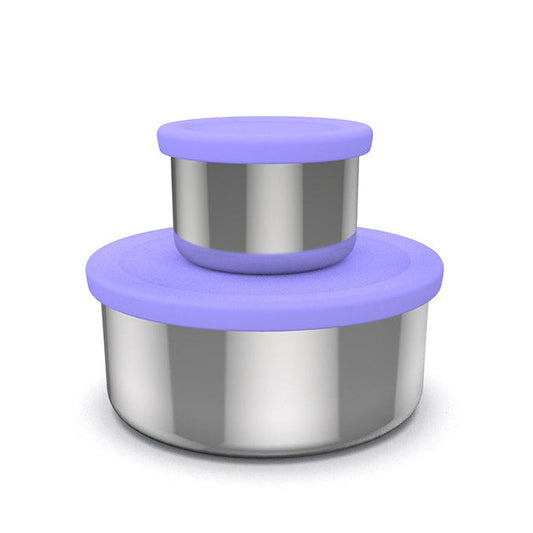 Set of two food-grade stainless steel nesting containers with BPA-free silicone lids in violet.
